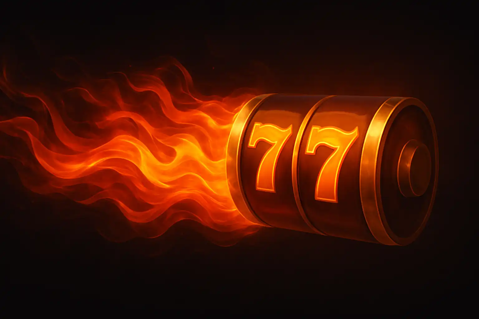 Abstrakte feurige orangefarbene Flamme, die in eine goldene Walzen-Form aus einem Spielautomaten übergeht, vor dunklem Hintergrund