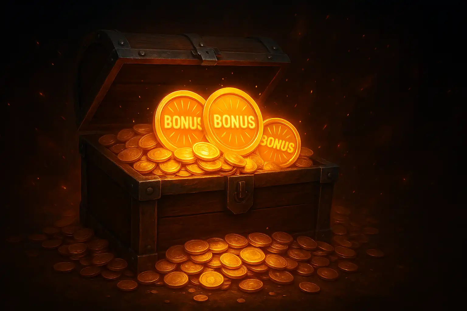 Überquellende Schatztruhe mit Goldmünzen und leuchtenden Bonus-Token vor dunklem, feurigem Hintergrund