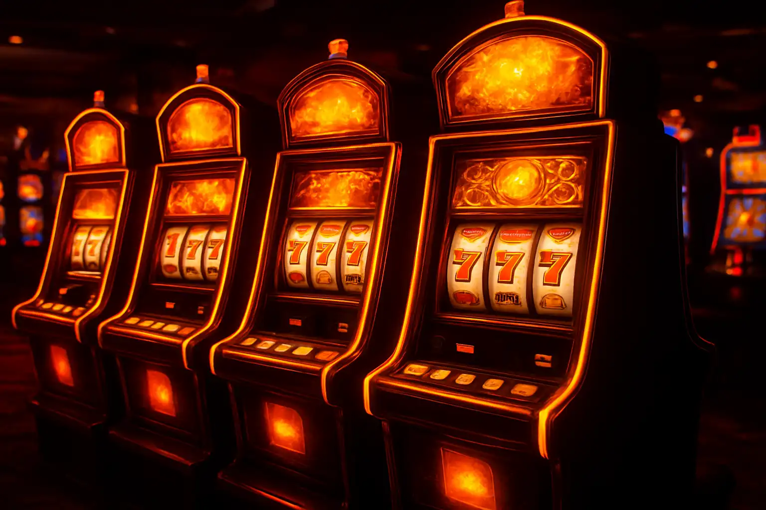 Leuchtende Spielautomaten aufgereiht in einer dunklen Casinohalle mit feurig orangefarbenem Licht